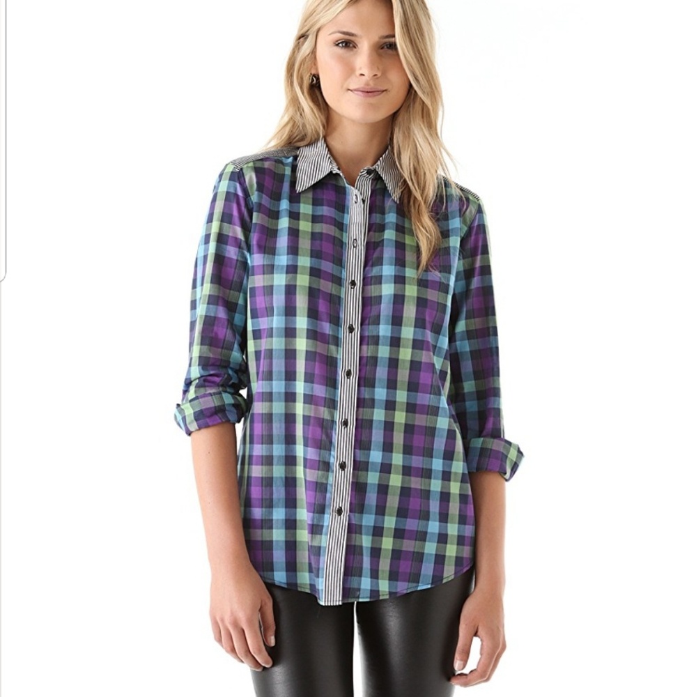 KELLY WEARSTLER GINHAM BLOUSE, SIZE S